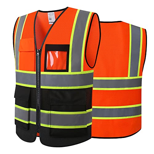 Safety Vest for Men Women Reflective Construction Vest Hi Vis ANSI Standard - color: H-orange Black, size: X-Large