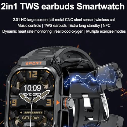 Military Smart Watch with Earbuds for Men and Women,2'' Tactical Display,Sport Modes,Fitness Tracker,Heart Rate,Answer/Make Call, Sleep Monitor, SmartWatch, iOS & Android, + Nylon Band - color: Black SQ +Nylon band& 2Glass