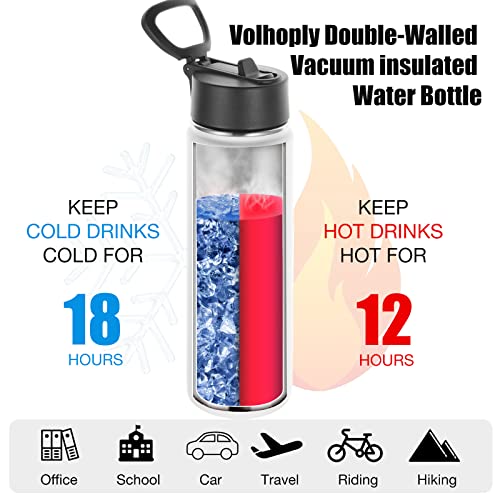 Volhoply Insulated Water Bottles with Straw Bulk 2 Pack, Not Suitable for Sublimation,22 oz Stainless Steel Sports Bottle with Handle Lid,Double Walled Vacuum Metal Water Cups(White,2 Set) - color: White