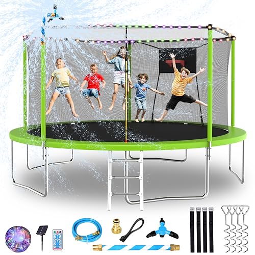 Lyromix Upgraded 14FT 15FT Trampoline Outdoor with Basketball Hoop, Stakes, Light, Sprinkler, Capacity for 4-8 Kids & Adults