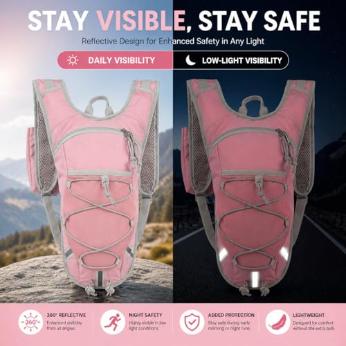 Lightweight Hydration Backpack 2L Water Bladder Pack for Running, Cycling, Hiking – Anti-Theft Water Backpack with Phone Holder, Trekking Pole Holder & Reflective Strips for Men & Women - color: Pink