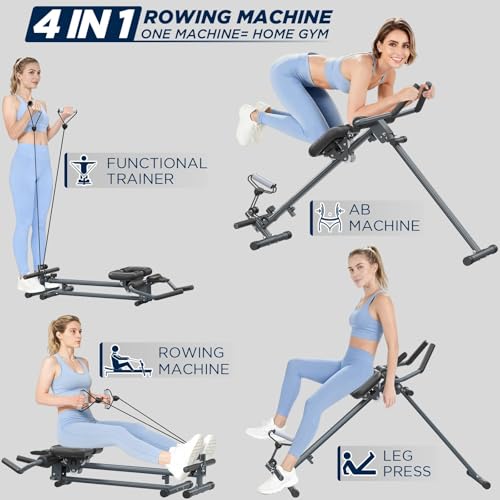 4-in-1 Rowing Machine, Ab Machine – Foldable Full Body Workout Equipment with Resistance Bands for Home Cardio, Strength, and Core Training – Black