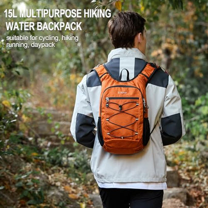 BOVIP Lightweight Hydration Back,15L Multipurpose Hiking Backpack with 1.5L Water Bladder ,Hydro Water Daypack for Cycling Hiking Rave for Men Women - size: Orange