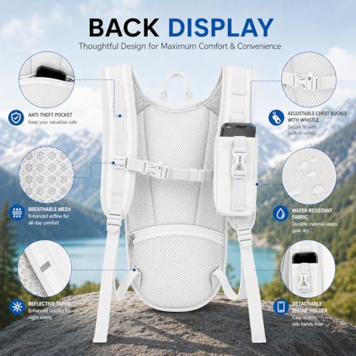 Lightweight Hydration Backpack 2L Water Bladder Pack for Running, Cycling, Hiking – Anti-Theft Water Backpack with Phone Holder, Trekking Pole Holder & Reflective Strips for Men & Women - color: White