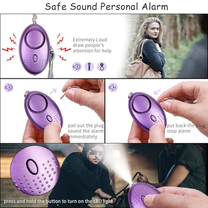 QINER Women Safety Keychain Set, 9 Pack Self Defense Kit with 130dB Personal Alarm - color: Purple