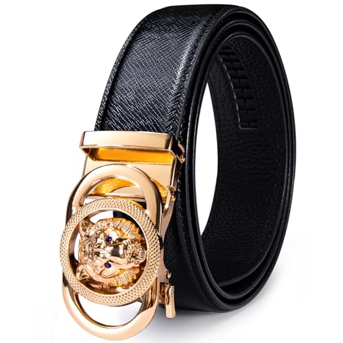 Dubulle Mens Ratchet Belt Gold Click Buckle Adjustable Leather Belts - color: Gold Black, size: Adjustable from 36" to 45" Waist