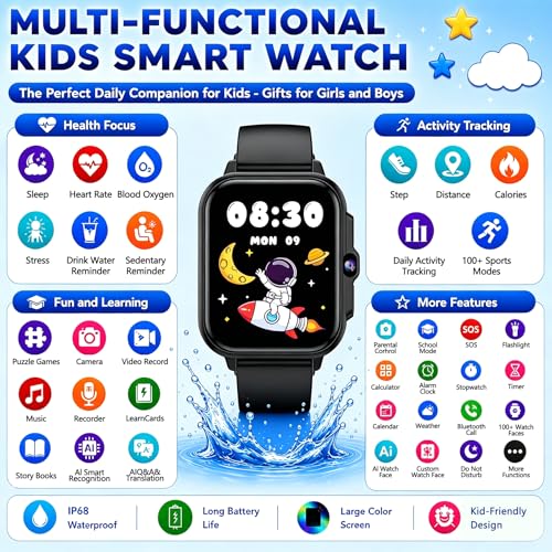 Kids Smart Watch Gifts for Boys Girls, 1.85" Fitness Tracker Watch with AI - color: Black