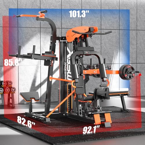 XGSW Multi-Function Home Gym Workout Station, Featuring a Pulley System, arm Trainer, and Leg Trainer for Full-Body Workouts. - size: L03-3【154LBS】Fitness Station+Cast lron 308LBS