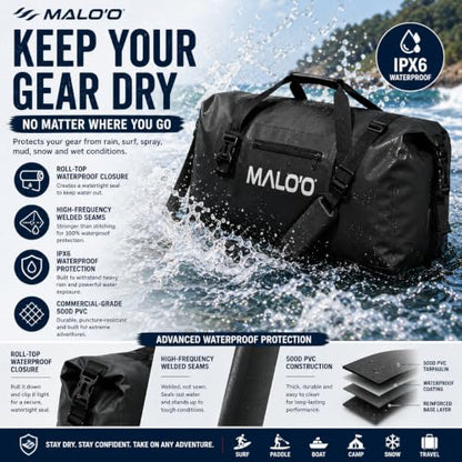 Malo’o Waterproof Dry Duffel, Heavy-Duty Roll Top Waterproof Gear Bag with Shoulder Strap & Molle Loops, Marine Duffel for Kayaking, Boating, Camping, Beach & Travel, Dark Green, 60L - color: Dark Green, size: 60L