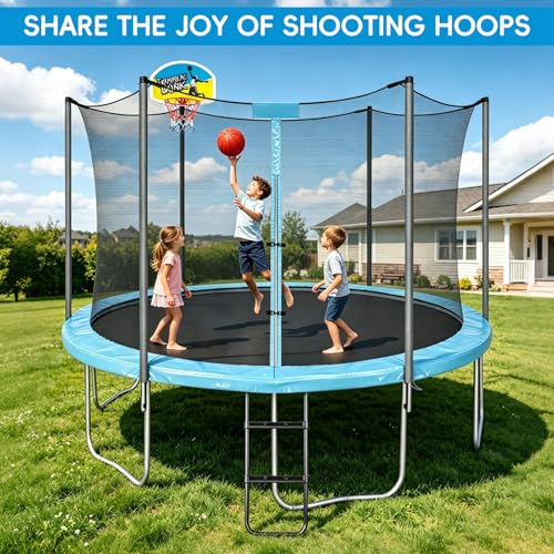 Trampoline Basketball Hoop, Universal Trampoline Accessories, Fits Straight Pole & Curved Pole, Upgraded Basketball Hoop for Trampoline with 2 Mini Ball, Pump and Protective Net