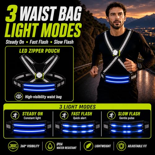 500LM Running Lights for Runners,7+8 Front & Back Light Modes & 360° Reflective Running Vest with Light Up Zip Waist Bag,IPX4 Waterproof High Visibility Rechargeable Gear for Night Walking/Cycling - color: green