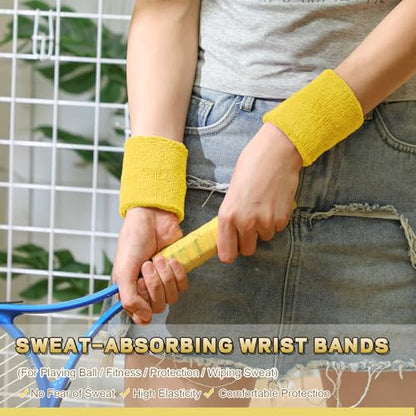 60 Pcs Wristband Bulk Sweatbands Neon 80s Sports Tennis Wristband Thick Cotton Gymnastics Adult Sweat Band Absorbent Sweatband for Men Women Party Supply Basketball Football 30 Pair - color: Yellow