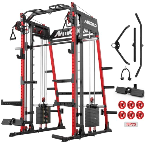 Mikolo M4 2.0 Smith Machine, 2200lbs Squat Rack with LAT-Pull Down System & Cable Crossover Machine, Training Equipment with Leg Hold-Down Attachment - color: Red, size: M4 2.0 Elite