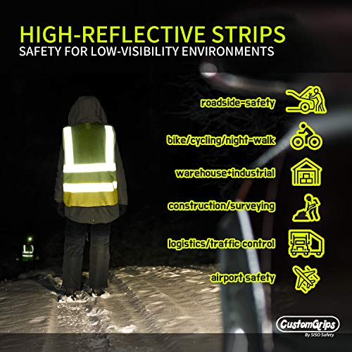 CustomGrips, Highly Visibility Original Safety Vest with 4 Highly Reflective Strips for Safety, Zipper Mesh Breathable Fabric for Outdoor Work, Jogging, Sports - ANSI/ISEA 107-2015(Class 2)[4X-Large]
