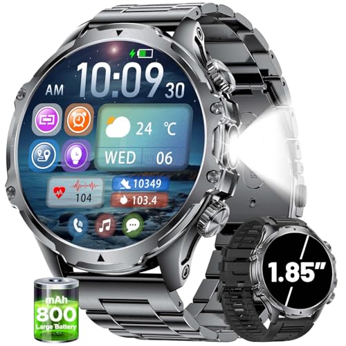 Militrary Smart Watch for Men,1.85" HD/800mAh Battery Smart watches for Android/iOS (Bluetooth Call Answer/Calls)Fitness Tracker,100+ Sports/LED Flashlight/IP68 Waterproof/Sleep Tracker Smartwatch - color: Black