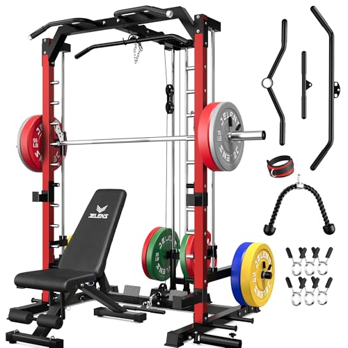 JELENS SR01 Smith Machine, 2000LBS Multi-Function Power Cage with LAT Pulldown System, All-in-One Home Gym Squat Rack with Smith Bar and Training Attachments for Full Body Workouts - color: Red, size: 370LB Colored Weights Package