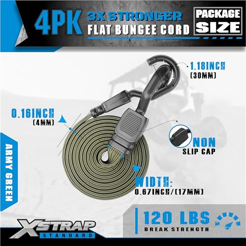 XSTRAP STANDARD 4 PCS 77 Inch Flat Bungee Cords with Hooks - color: Army Green