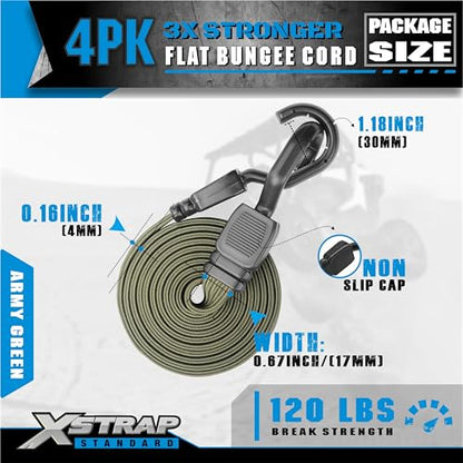 XSTRAP STANDARD 4 PCS 77 Inch Flat Bungee Cords with Hooks - color: Army Green
