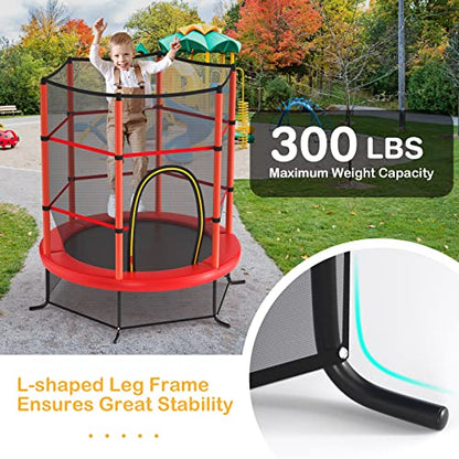 GYMAX Toddler Trampoline, 55” Trampoline for Kids with Bottom-to-Top All-Round Enclosure Net & Seamless Jumping Mat, ASTM Approved Easy Assembly Kids Mini Trampolines Indoor/Outdoor - color: Shine Red