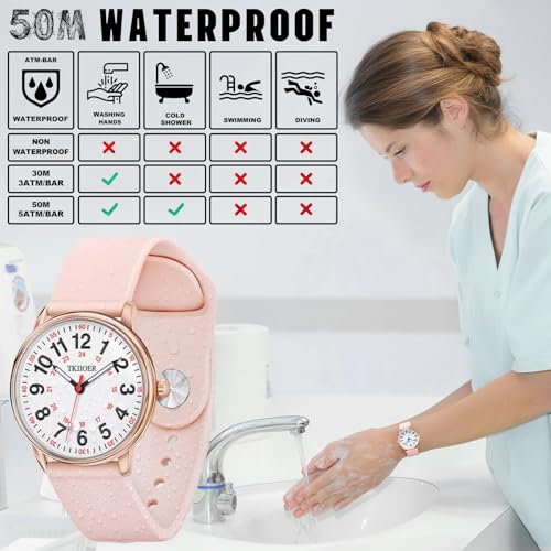 TKIIOER Nurse Watch for Nurse Medical Professionals Students Women Men, 50M Waterproof 12/24 Hour Military Time Luminous Easy Read Dial, Second Hand Watch for Nursing - color: Rose Pink