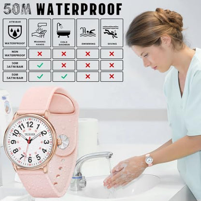 TKIIOER Nurse Watch for Nurse Medical Professionals Students Women Men, 50M Waterproof 12/24 Hour Military Time Luminous Easy Read Dial, Second Hand Watch for Nursing - color: Rose Pink