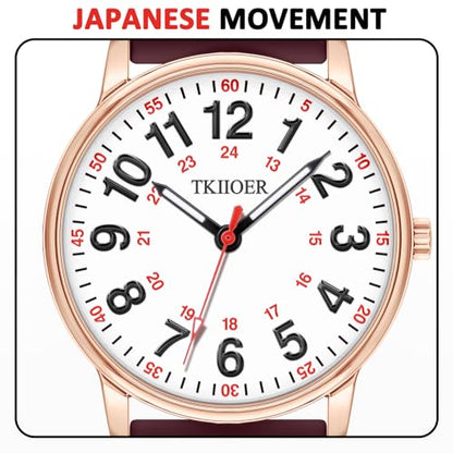 TKIIOER Nurse Watch for Nurse Medical Professionals Students Women Men, 50M Waterproof 12/24 Hour Military Time Luminous Easy Read Dial, Second Hand Watch for Nursing - color: Rose Wine Red