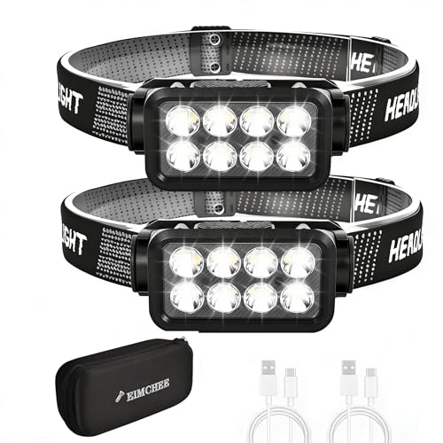Elmchee Rechargeable Headlamp 2 Pack, 2500 Lumen Bright 8 LED Headlight, 10 Modes Adjustable Motion Sensor, USB-C Waterproof Head Flashlight, Outdoor Hiking Camping Fishing (8 Led Headlamp) - style: 8 Led Headlamp