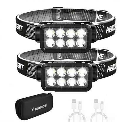 Elmchee Rechargeable Headlamp 2 Pack, 2500 Lumen Bright 8 LED Headlight, 10 Modes Adjustable Motion Sensor, USB-C Waterproof Head Flashlight, Outdoor Hiking Camping Fishing (8 Led Headlamp) - style: 8 Led Headlamp