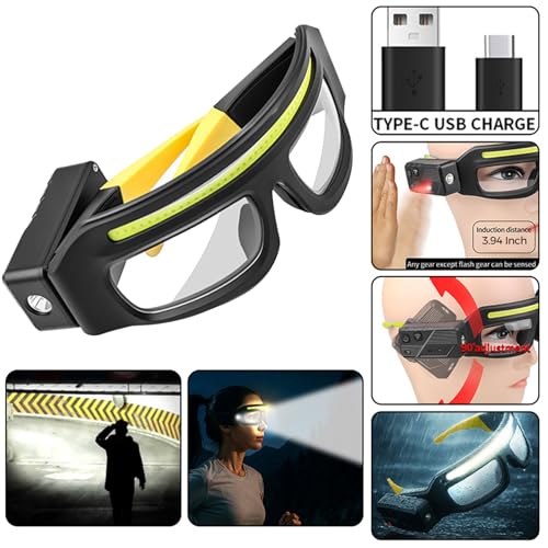 Adjustable Headlamp Glasses With Motion Sensor Rechargeable Headlight Safety Glasses for Camping - color: 2 Pack Yellow