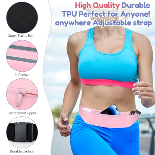 3 Separate pouch Slim Running Belt Fanny Packs for Women & Men，Reflective Running Fanny Pack，Runner Belt for Running Walking Cycling Camping Gym (Pink) - color: Pink