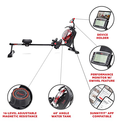 Sunny Health & Fitness Smart Hydro + Magnetic Dual Resistance Water Rower - color: Black