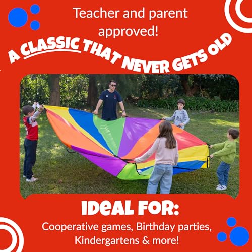 Activejoy - Parachute for Kids - 8ft /12ft / 16ft / 20ft / 24 ft / 30ft - Rainbow Parachute Toy with Handles - Great for Gym Class, Field Day & Outdoor Games - size: 12FT - 12 HANDLES