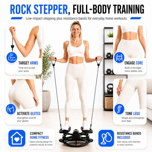 Rock Stepper - Steppers for Exercise at Home, Portable Stepper Side to Side with Digital Display & Resistance Bands, 330 LBS Capacity Full Body Workout Low-Impact Knee-Friendly 3D Stair Stepper - color: Black- B