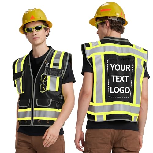 AYKRM Heavy Woven cotton High Vis Reflective work construction safety vest for men Class 2 with ipad Cargo Back Pocket - color: Black-01, size: X-Large