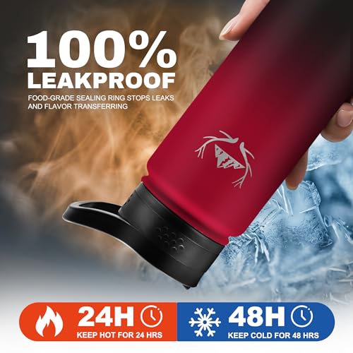 NATURE PIONEOR 24 oz Insulated Water Bottle with Carrier Bag & 3 Lids - color: Red Black, size: 24 Ounces