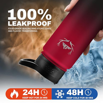 NATURE PIONEOR 24 oz Insulated Water Bottle with Carrier Bag & 3 Lids - color: Red Black, size: 24 Ounces