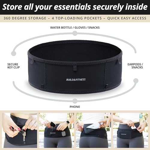 Build & Fitness LiteBelt Running Belt – 4 Quick Top-Access Pockets –Flip Waist Pack, Running Phone Holder – Fits All Size Phones, Keys, Cards, Earpods, GUs – for Men and Women (Black, S) - size: Small