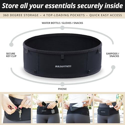 Build & Fitness LiteBelt Running Belt – 4 Quick Top-Access Pockets –Flip Waist Pack, Running Phone Holder – Fits All Size Phones, Keys, Cards, Earpods, GUs – for Men and Women (Black, S) - size: Small