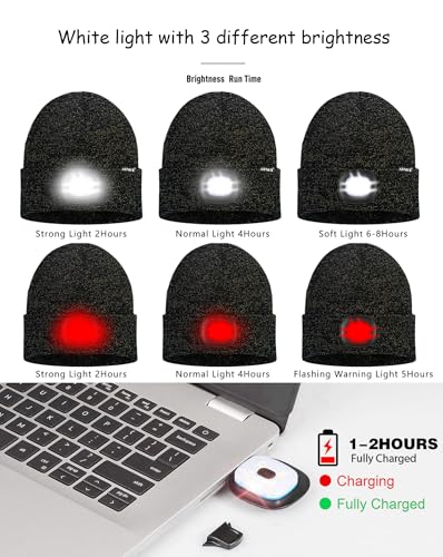ATNKE LED Lighted Beanie Hat,USB Rechargeable 8 LED Red Glow Flashing Alarm Running Headlamp Cap Gifts for Men and Women - color: #Blended Black Goldwire