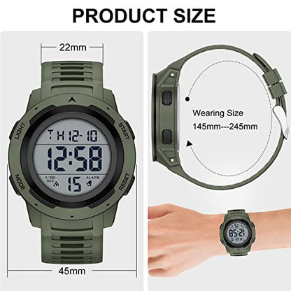 GOLDEN HOUR Mens Waterproof Digital Sport Watches Wide Screen Easy Read Display Military Style with Rubber Strap - color: green
