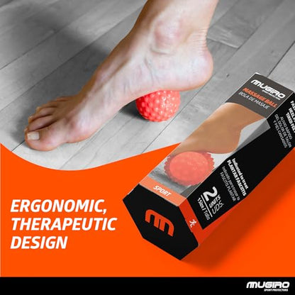 Mugiro Pack of 2 Muscle Massage Balls [Solid & Silicone Gel] - Foot Massage Ball for Plantar Fasciitis, Spurs, and Reflexology - Myofascial Relief and Trigger Points - Rounded Spikes (Does Not Hurt)