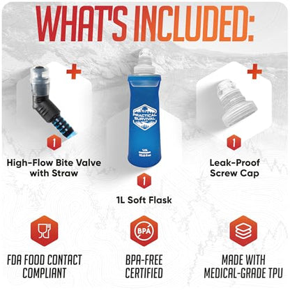 Practical Survival 1L Soft Flask - TPU Collapsible Water Bottle for Hydration Pack, Leak-Proof Running Flask, BPA-Free Foldable for Hiking Cycling Marathon, Emergencies, Survival, Camping, Hunting