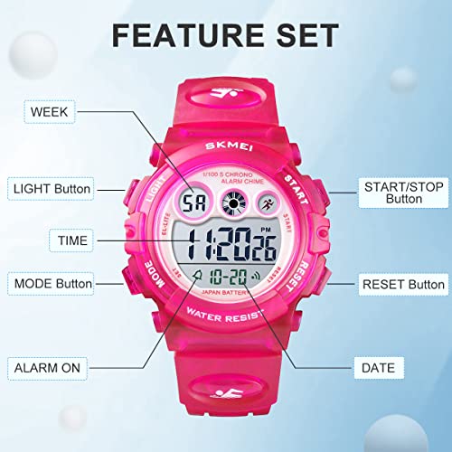 GOLDEN HOUR Watches for Kids Digital Sport Waterproof Boys Girls Watch Outdoor 12/24 H Alarm EL Backlight Stopwatch Military Child Wristwatch Ages 3-15 - color: Rose/Red