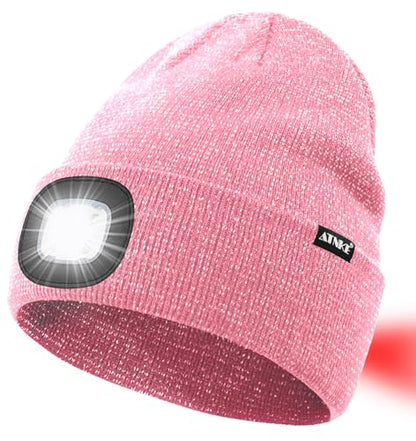 ATNKE LED Lighted Beanie Hat,USB Rechargeable 8 LED Red Glow Flashing Alarm Running Headlamp Cap Gifts for Men and Women - color: #Blended Pink Goldwire