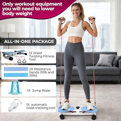 Ultra-Quiet Waist Twisting Exercise Bundle - Ab Twister Board With 2 Resistance Bands, 1 Length Adjustable Jump Rope, an Automatic Waist Measuring Tool and Workout Guide - Made with ABS/PP Plastic Foot Pedals and a Steel Base - High Durability - Workout B