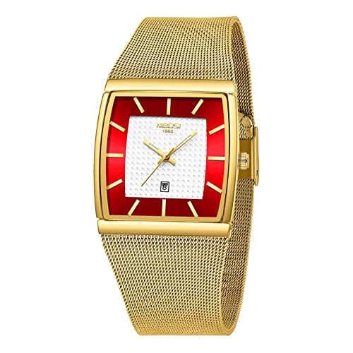 NIBOSI Men's Analog Watch, Square Dial Mesh Strap, Date Display - color: 2376-Gold Red