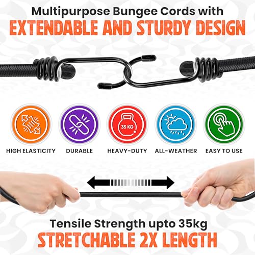 Bungee Cords with Hooks - Latex Made Heavy Duty Weatherproof & UV - Resistant Elastic Bungee Straps (Black, 60 Inches - Pack of 4) - size: 60 Inches - Pack of 4