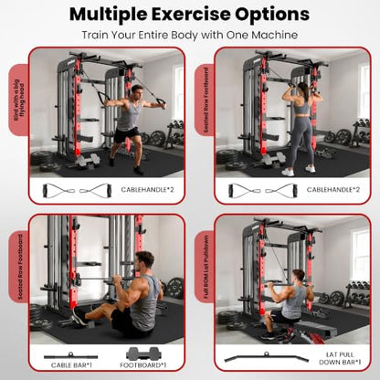 pooboo Power Cage Smith Machine with 2000LB Squat Rack Cable System