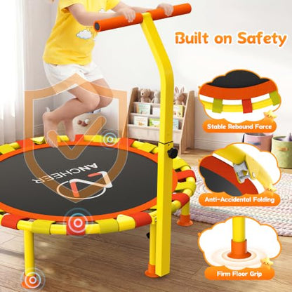ANCHEER 38" Toddler Trampoline for Kids, ASTM Certified Foldable Mini Trampoline with Adjustable Foam Handle, Indoor & Outdoor Kids Trampoline, Quiet Design, 200 LBS Capacity, Easy Assembly - color: Lemon Yellow