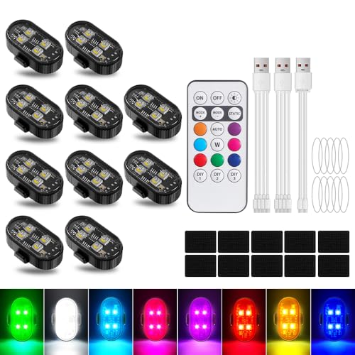 10Pcs Wireless Led Lights for Car with Remote Control, 8 Colors 10 Kind of Lighting Effects USB Rechargeable Anti-Collision Warning Light, High Brightness LED Strobe Lights for Car Drone Aircraft - color: 10pcs